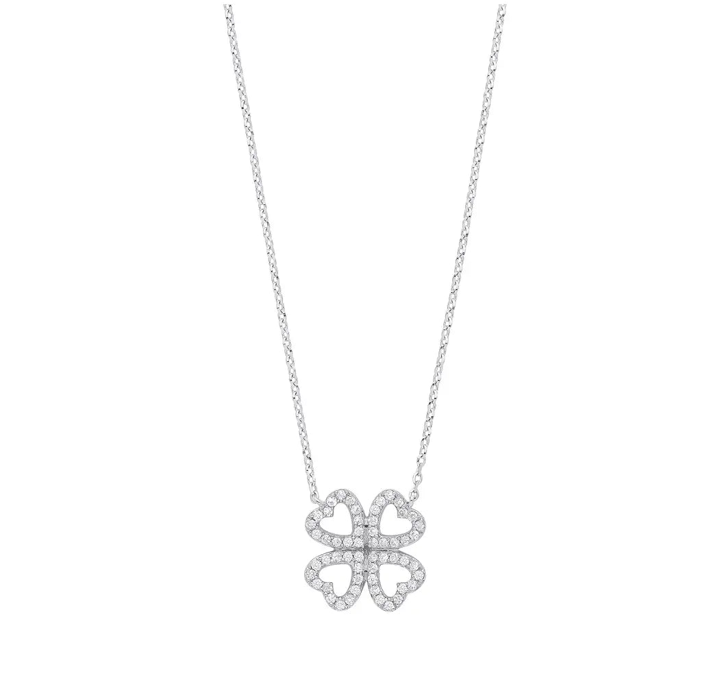 9ct White Gold 0.18ct Diamonds Four-leaf Clover (18in/45cm) Chain MK Jewellers