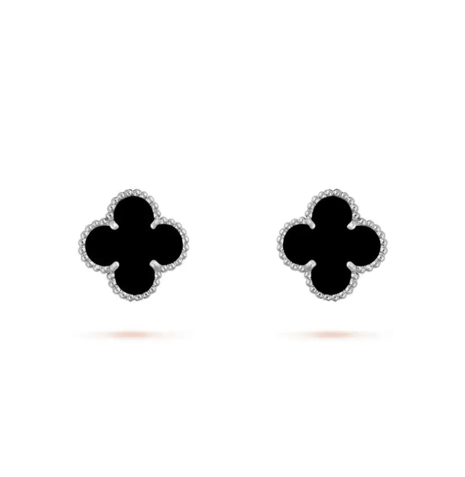 Inspired Clover Mini Earrings White Gold & Onyx MK Jewellers