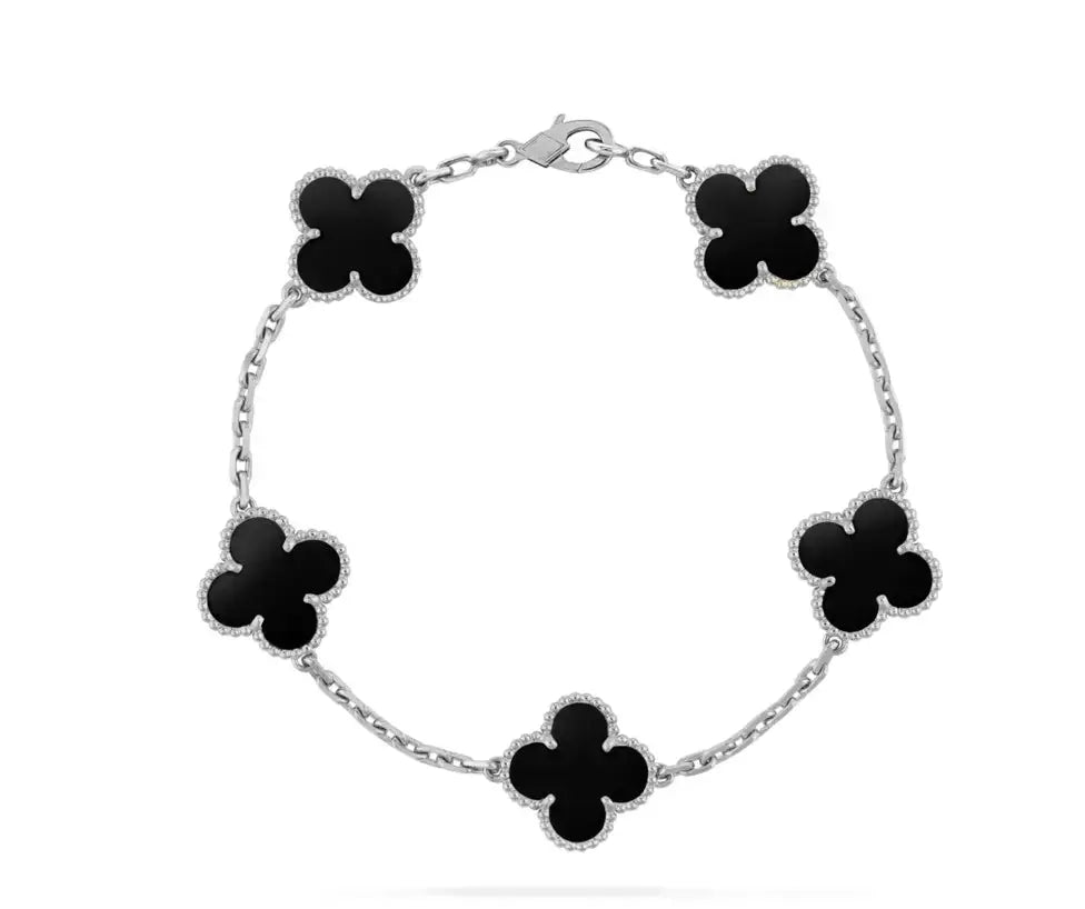 Inspired 5 Clover Mini Bracelet 9K White Gold Onyx MK Jewellers