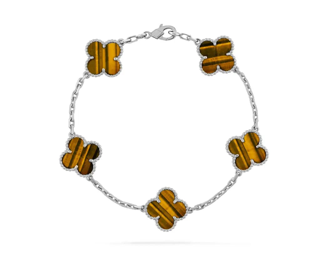 Inspired 5 Clover Bracelet White Gold Tiger Eye MK Jewellers