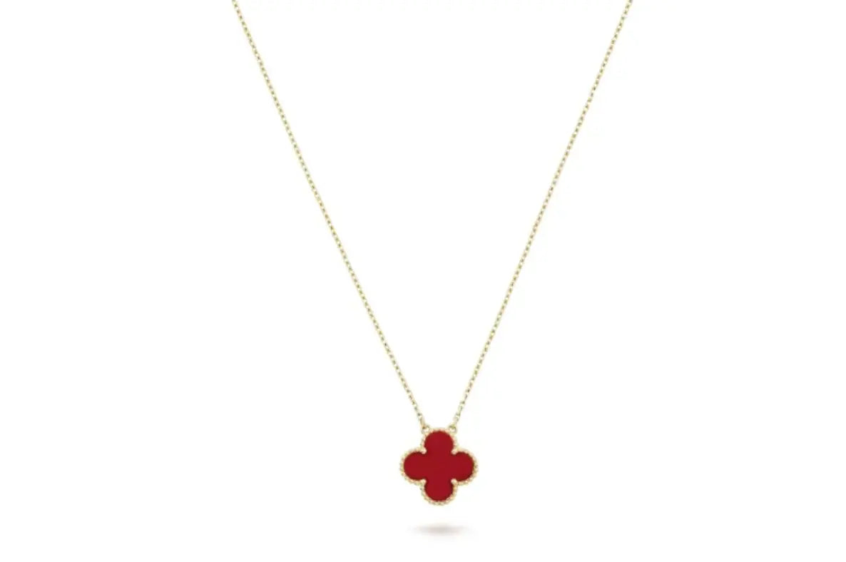 Inspired Single Clover Mini Necklace Yellow Gold Carnelian MK Jewellers
