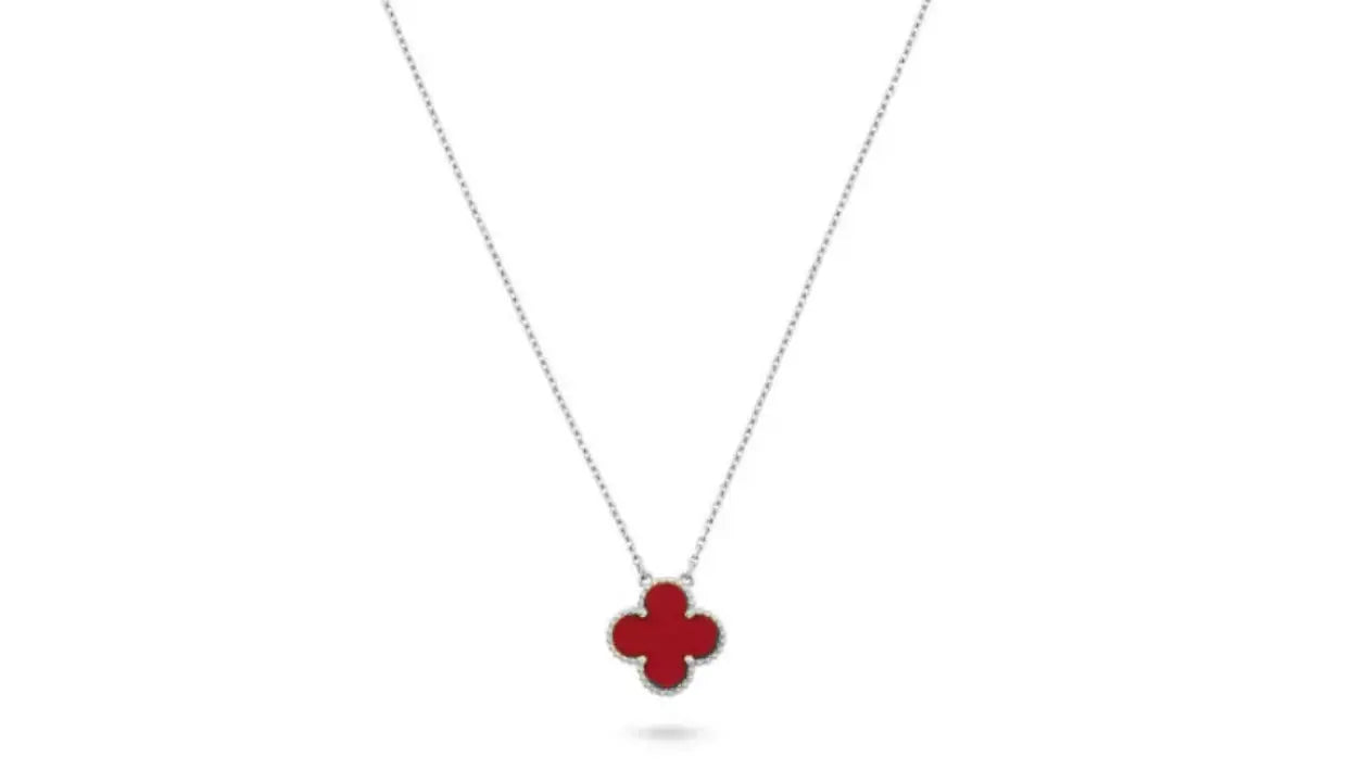 Inspired Single Clover Mini Necklace White Gold Carnelian MK Jewellers