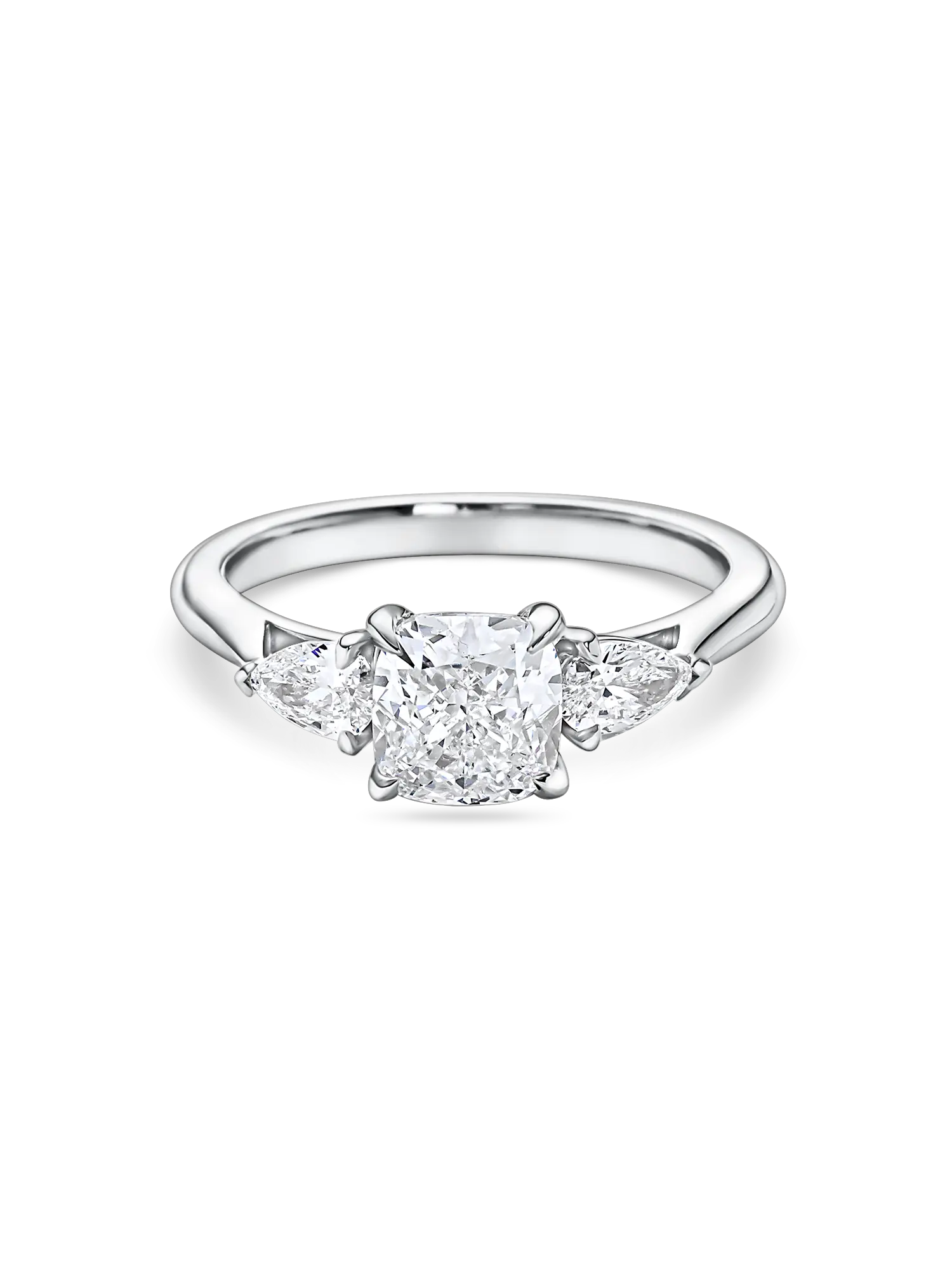 Stunning Cushion Cut Lab Grown Diamond Trilogy Ring with Pear Side Stones