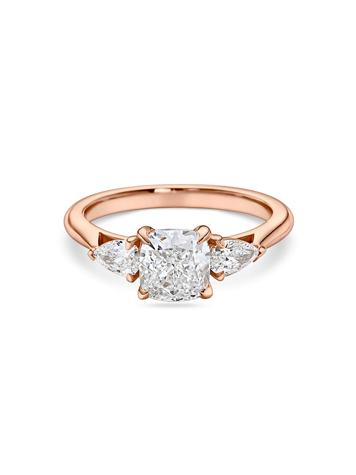 Stunning Cushion Cut Lab Grown Diamond Trilogy Ring with Pear Side Stones