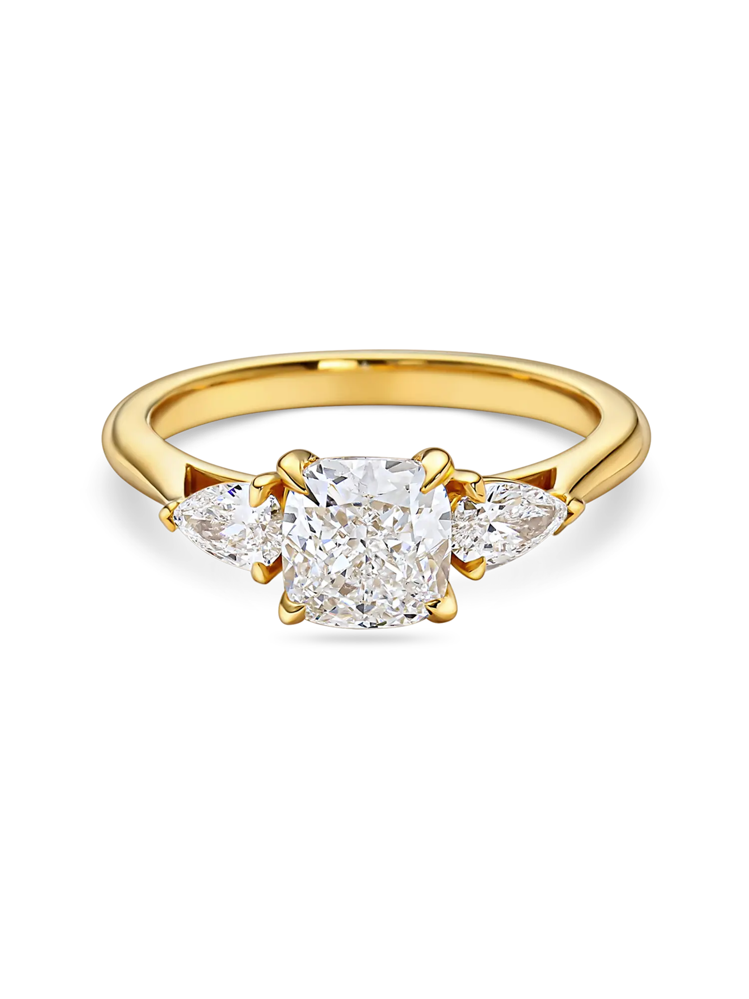 Stunning Cushion Cut Lab Grown Diamond Trilogy Ring with Pear Side Stones