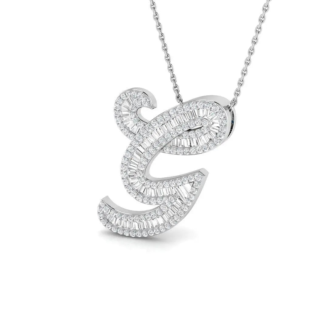 Exquisite 0.77ct Baguette Cut Natural Diamond Initial Pendant in 9K White Gold