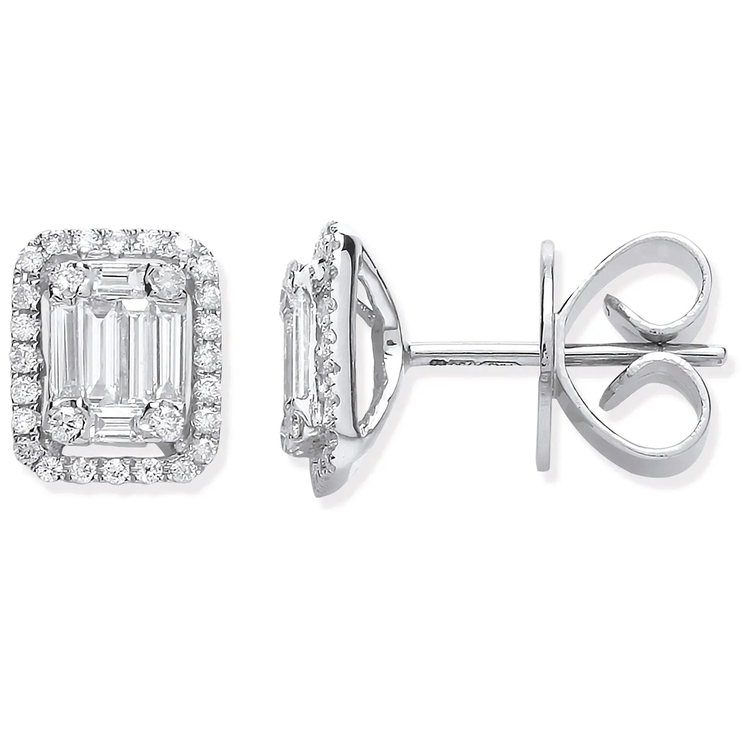 Elegant 18ct White Gold Baguette & Brilliant Diamond Rectangle Halo Stud Earrings