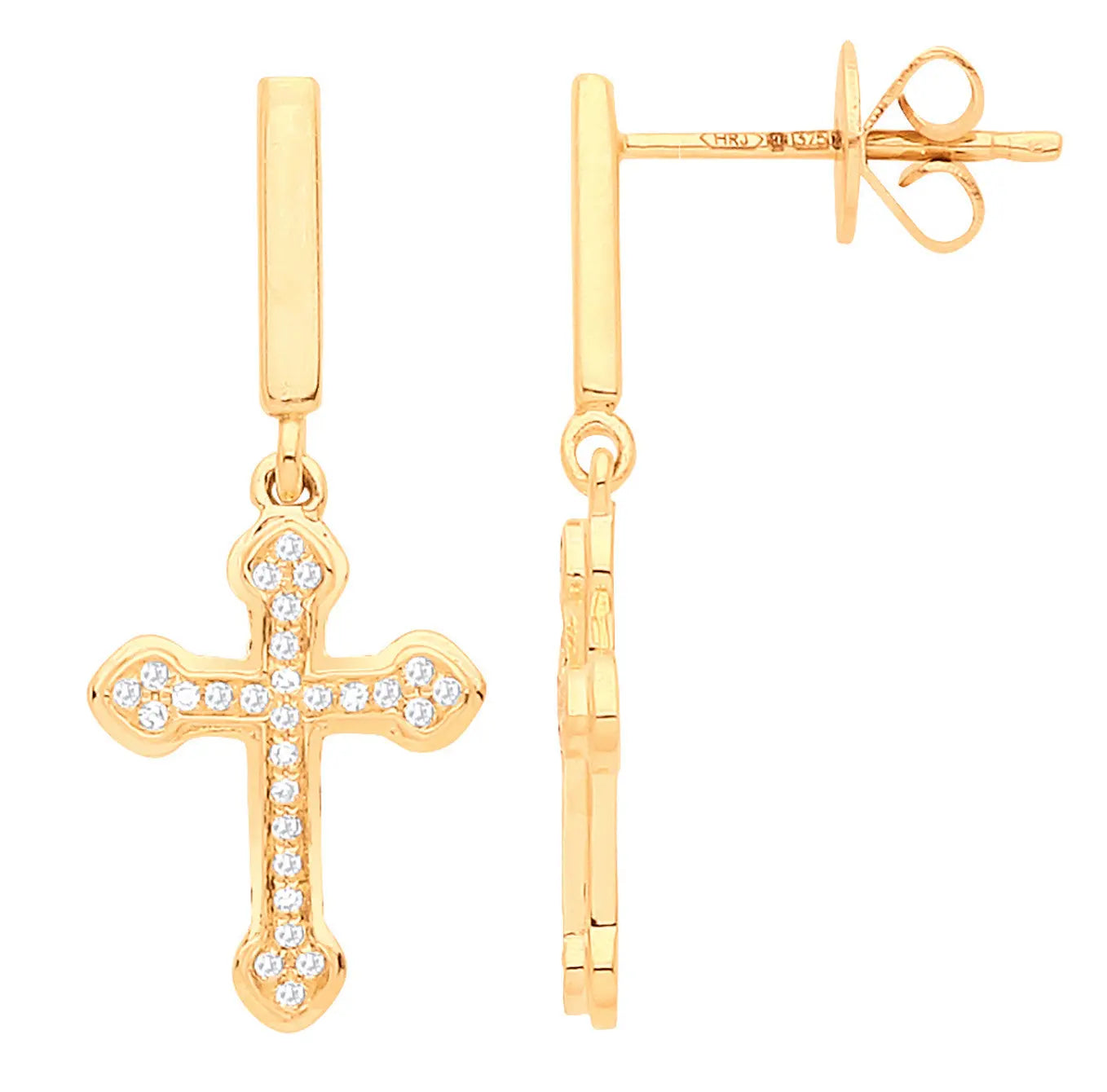 9ct Yellow Gold 0.09ctw Diamond Cross Drop Earrings for Her
