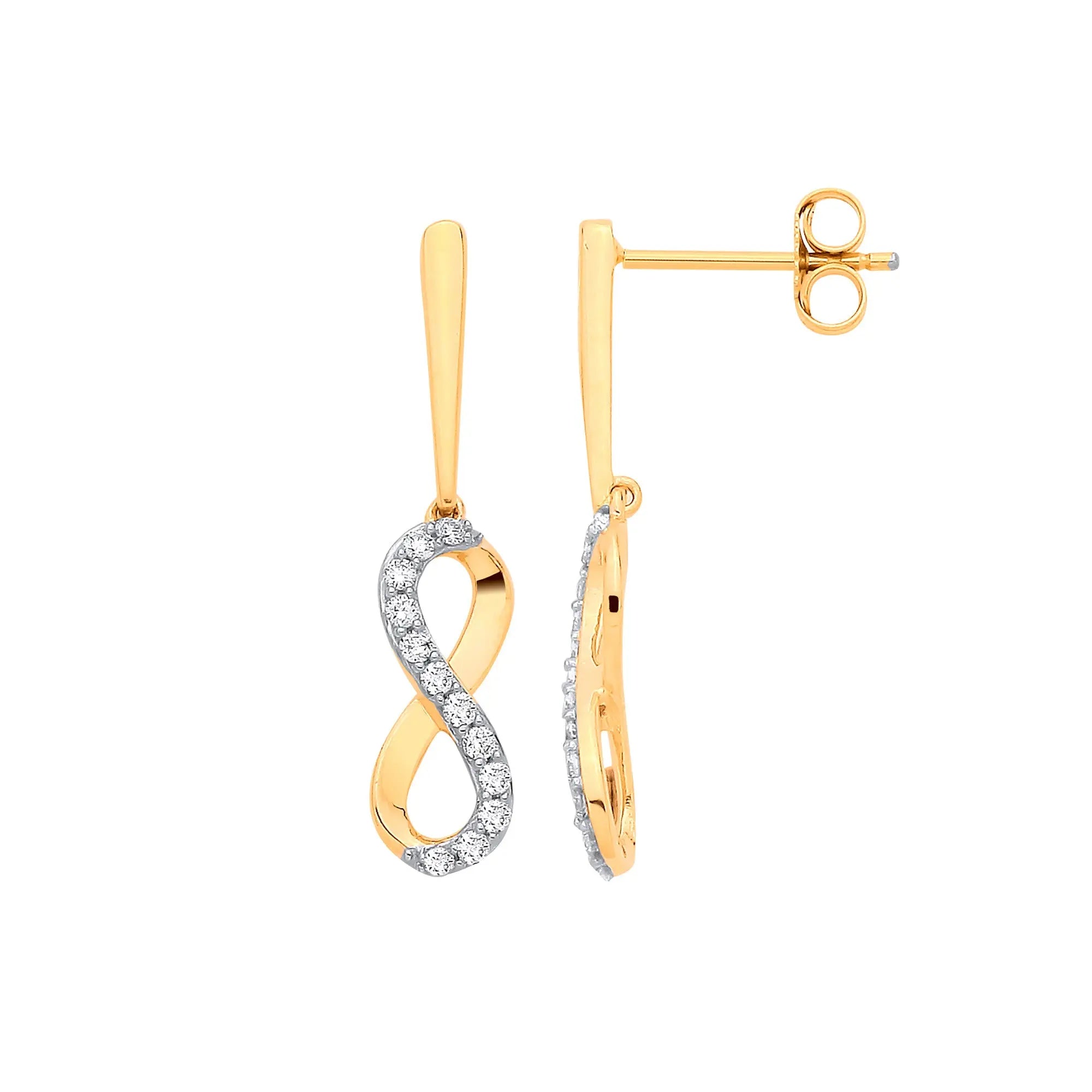Sparkling 9ct Yellow Gold Diamond Infinity Drop Earrings, 0.25ctw, Elegant Design
