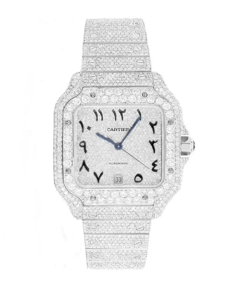 Exquisite Diamond Cartier Santos 40mm Stainless Steel Arabic Dial Iced-Out Luxury Watch
