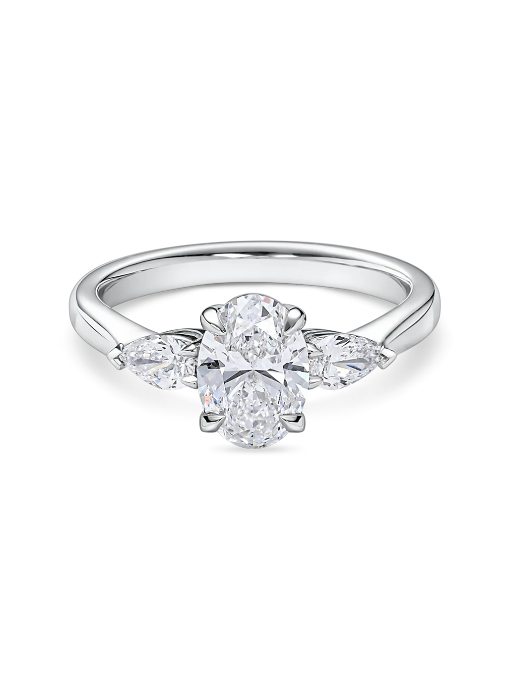 Exquisite Oval Trilogy Lab Grown Diamond Engagement Ring with Pear Side Stones