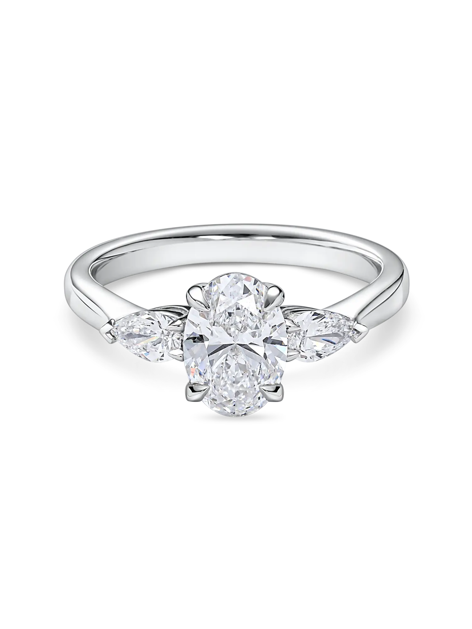 Exquisite Oval Trilogy Lab Grown Diamond Engagement Ring with Pear Side Stones
