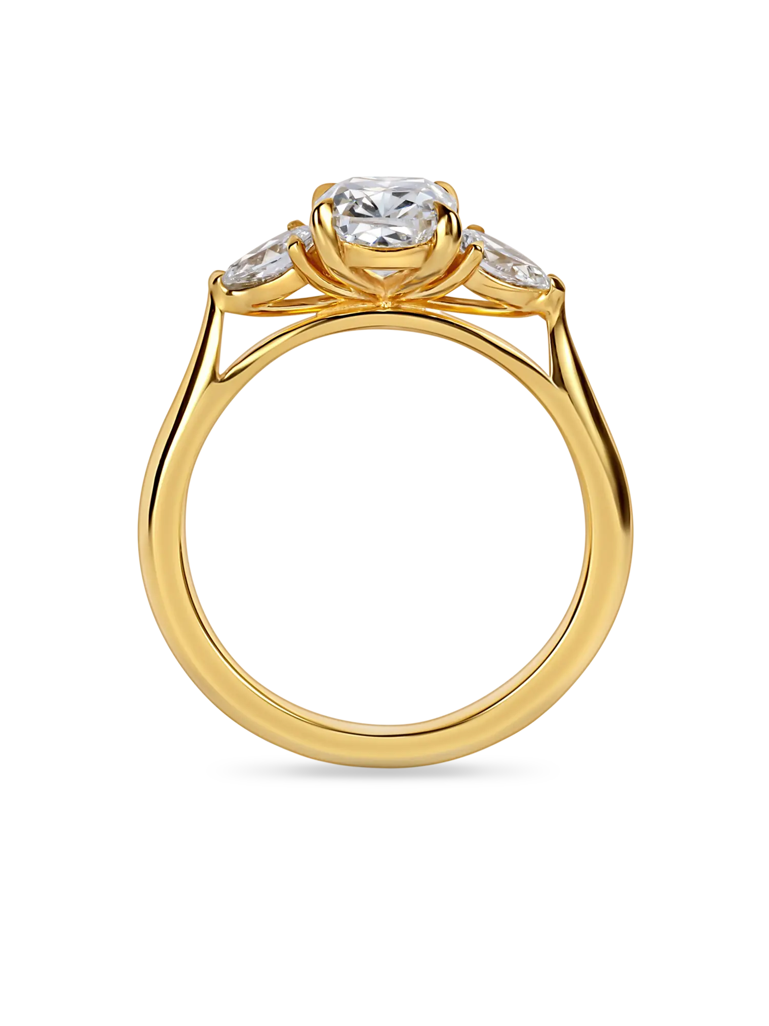 Stunning Cushion Cut Lab Grown Diamond Trilogy Ring with Pear Side Stones