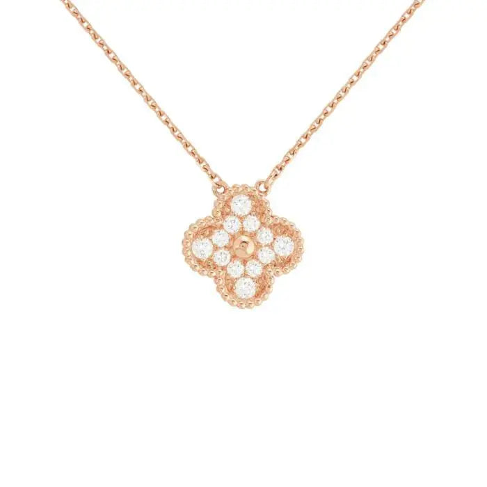 Vintage Alhambra Pendant Necklace Round Diamond and Solid Gold 18K Rose Gold